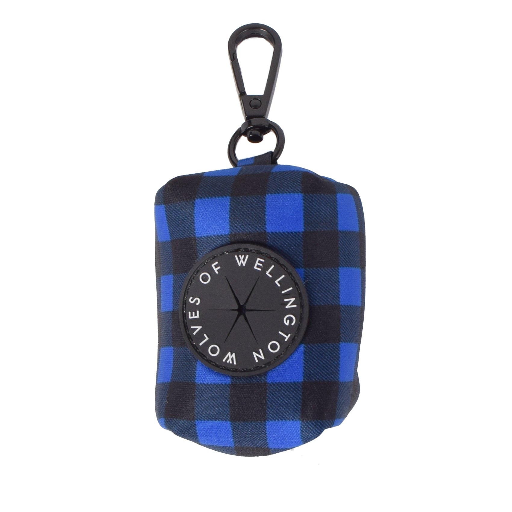 Neoprene dog poop bag pouch in blue and black check pattern.