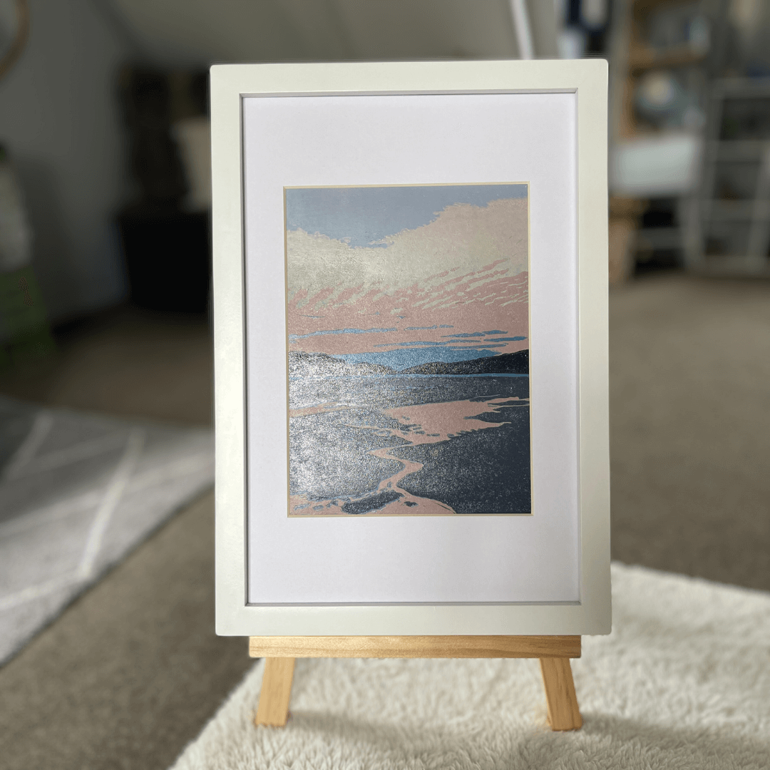 Original lino print of sunset at Lyttelton Harbour.