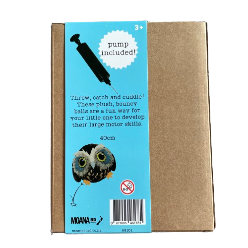 Back of packaging for a plush Ruru inflatable bird ball in large.
