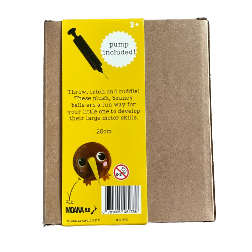Back of packaging for a plush kiwi inflatable bird ball in medium.