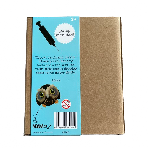 Back of packaging for a plush Ruru inflatable bird ball in medium.