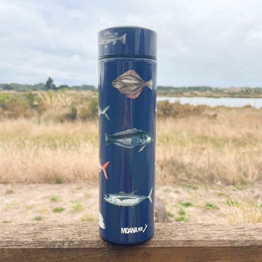 Navy blue stainless drink bottle with fish decals.
