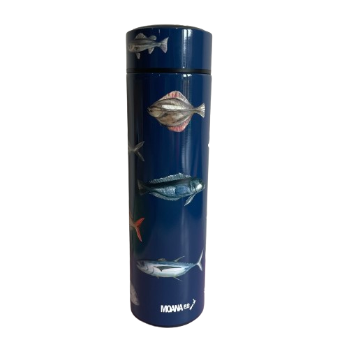 Navy blue stainless drink bottle with fish decals.