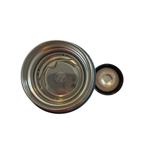 Birds eye view of a stainless drink bottle featuring the ice filter piece.