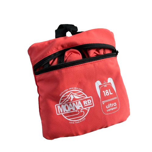 Small orange pouch containing a packable backpack.