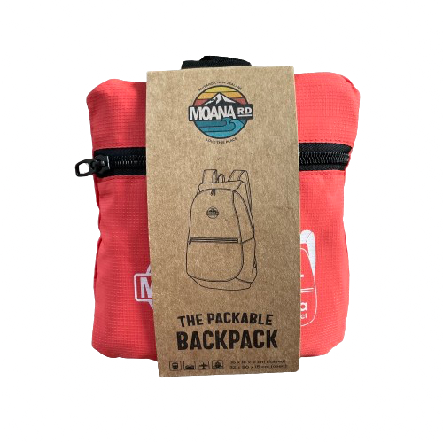 Small orange pouch containing a packable backpack and wrapped in cardboard packaging.
