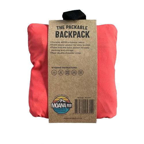 Small orange pouch containing a packable backpack and wrapped in cardboard packaging.