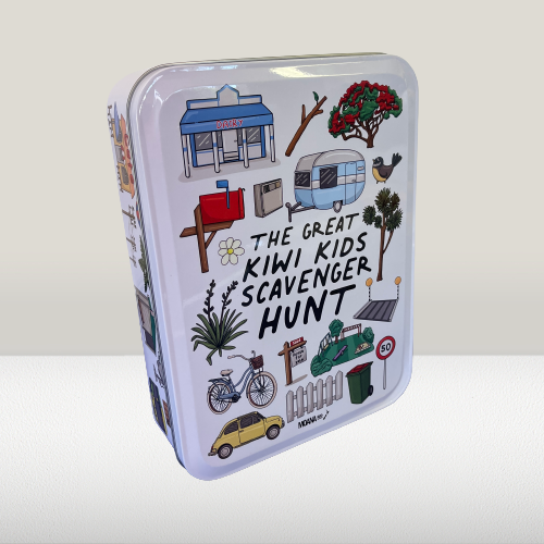 Storage tin with Kiwiana icons and the words The Great Kiwi Kids Scavenger Hunt.