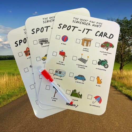 The Great Kiwi Kids Scavenger Hunt spot it cards and whiteboard marker.
