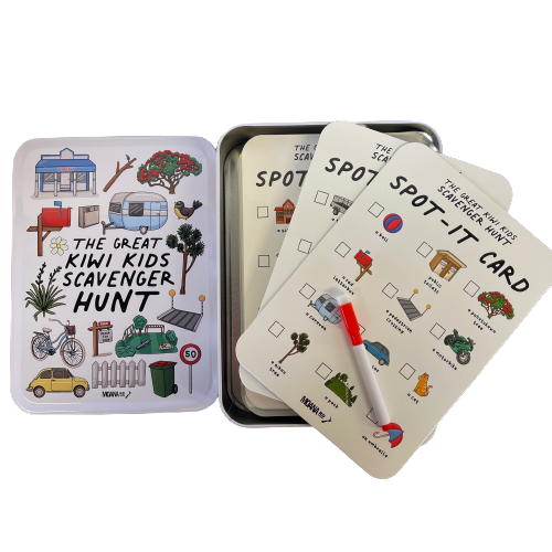 The Great Kiwi Kids Scavenger Hunt spot it cards, storage tin and whiteboard marker