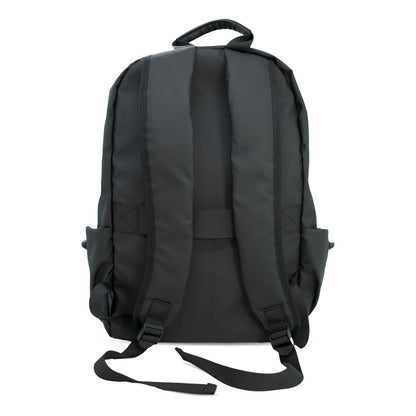 Back of a black backpack.