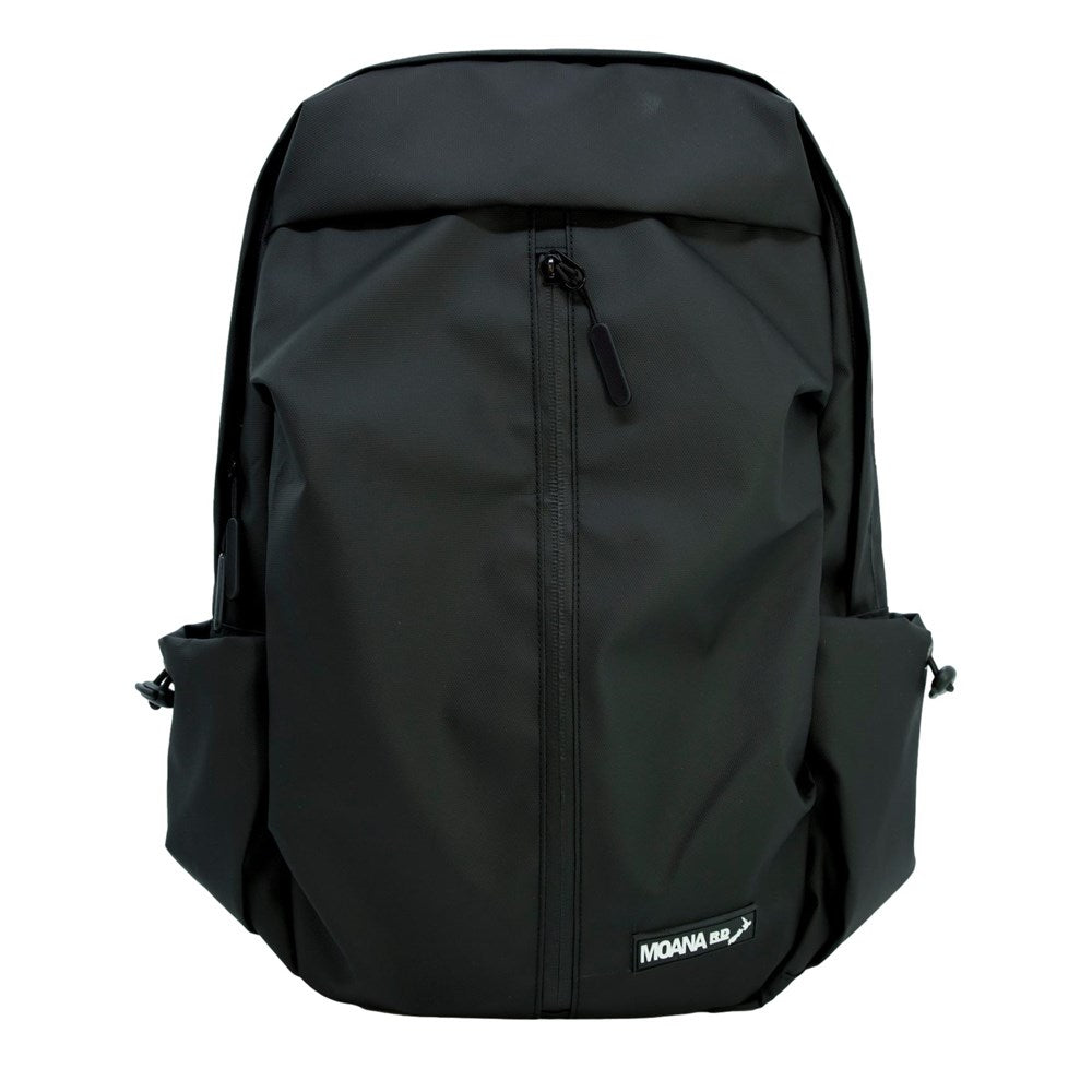 Black urban backpack with side pockets and vertical zip pocket on the front.