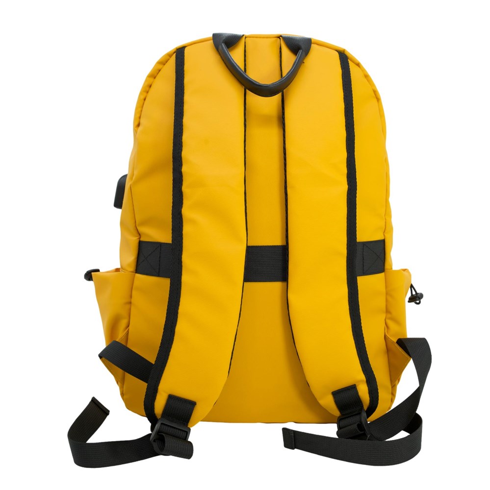 Back of a mustard coloured backpack with black trim.