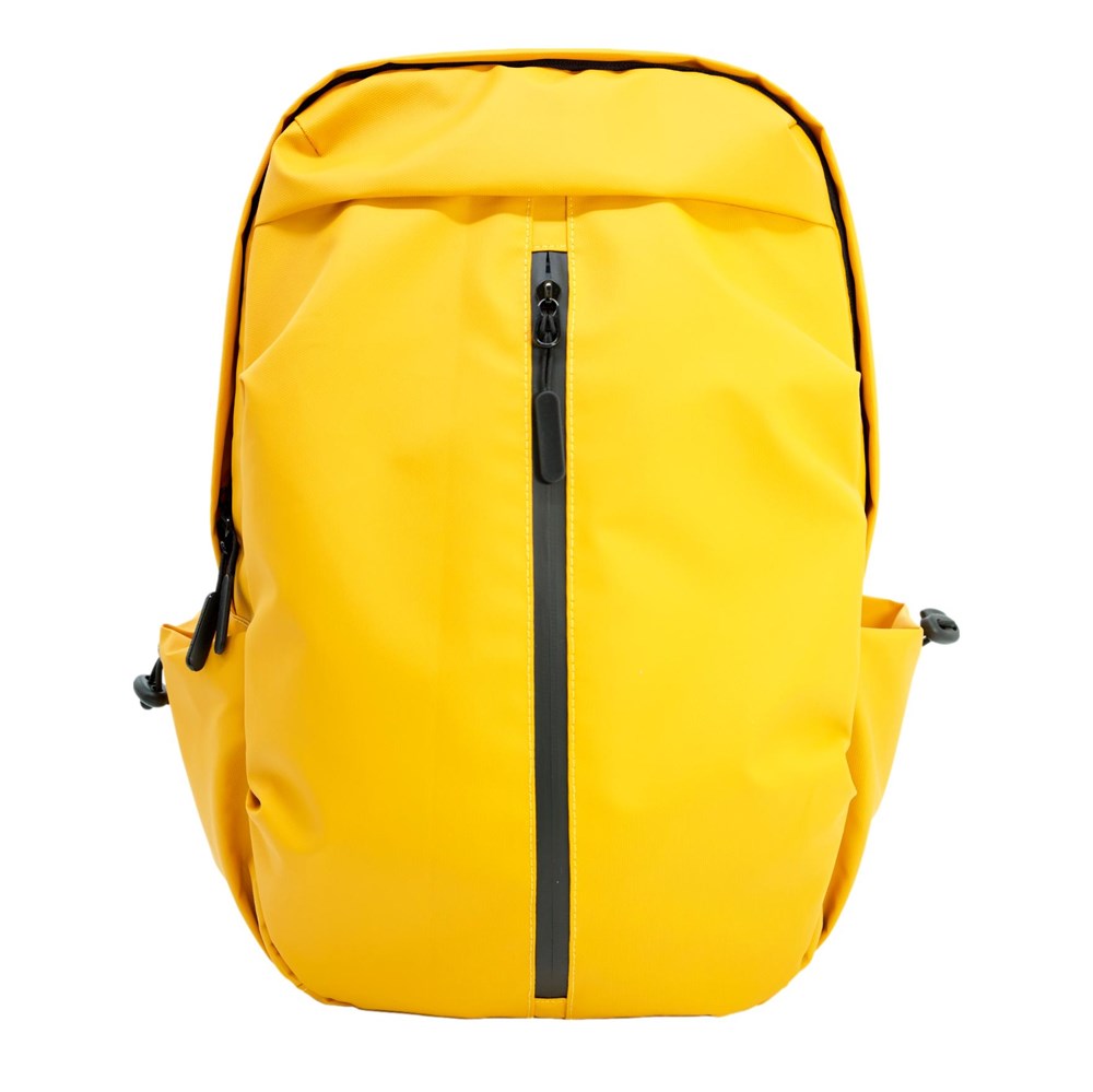 Mustard coloured urban backpack with side pockets and vertical zip pocket on the front.