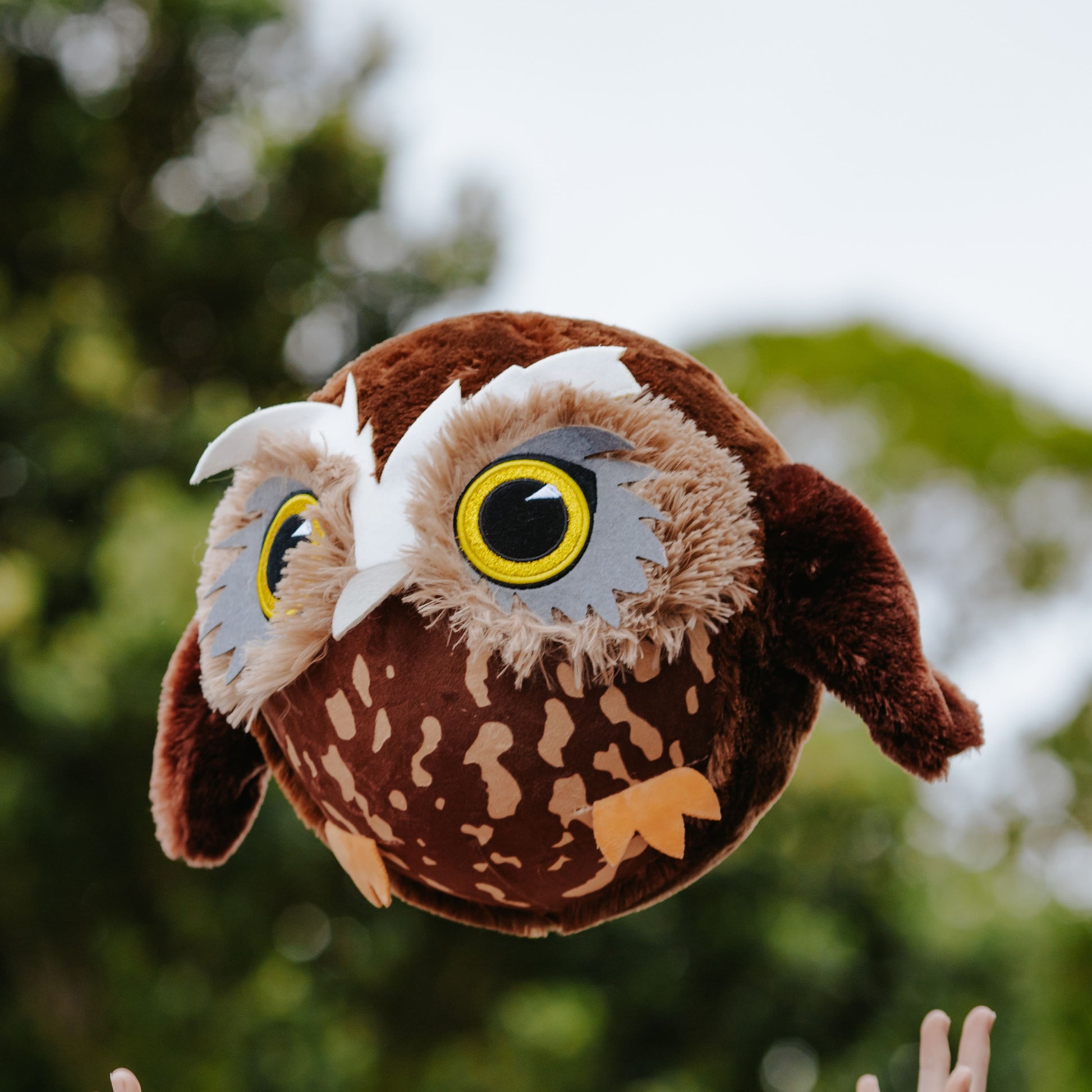 Brown plush inflatable Ruru owl bird ball mid air having been tossed by a child.