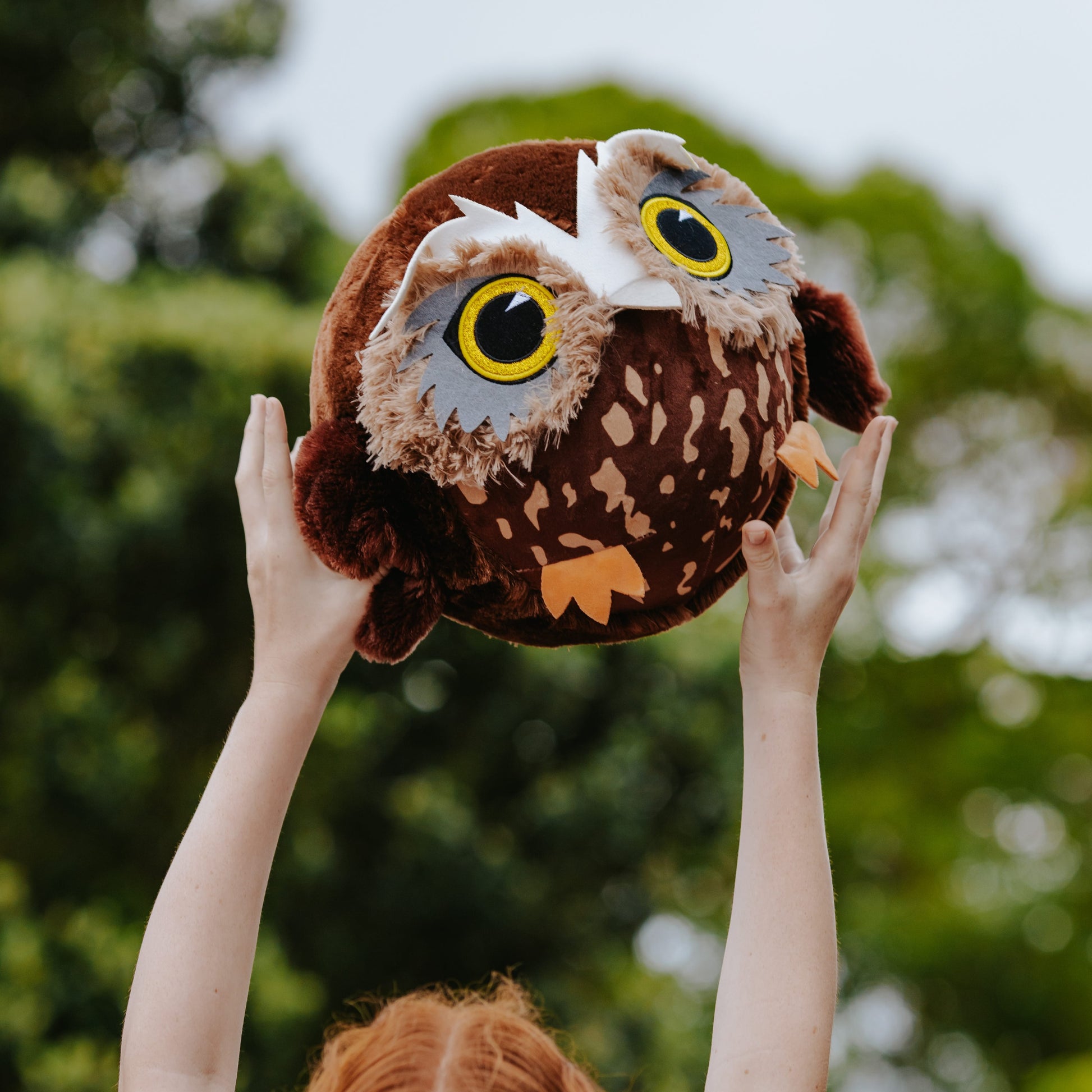 Childs arms reaching up to the sky holding on to a brown plush inflatable Ruru owl bird ball.