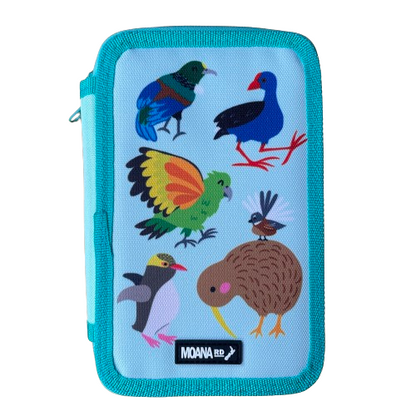 Kids mini art kit folder in blue with cartoon NZ native bird print on it.
