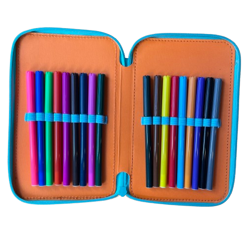 Inside of a kids mini art set featuring 18 coloured felt tip pens.