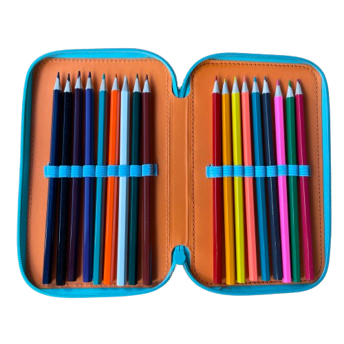 Inside of a kids mini art set featuring 18 colouring pencils.