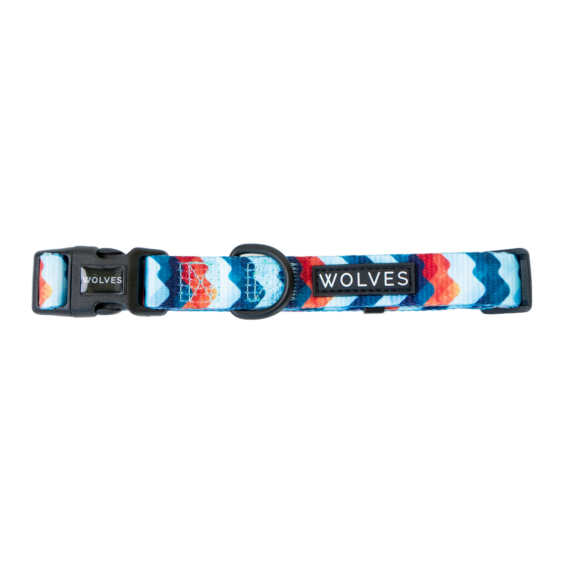 Blue and orange wave patterned dog collar with "Wolves" logo.