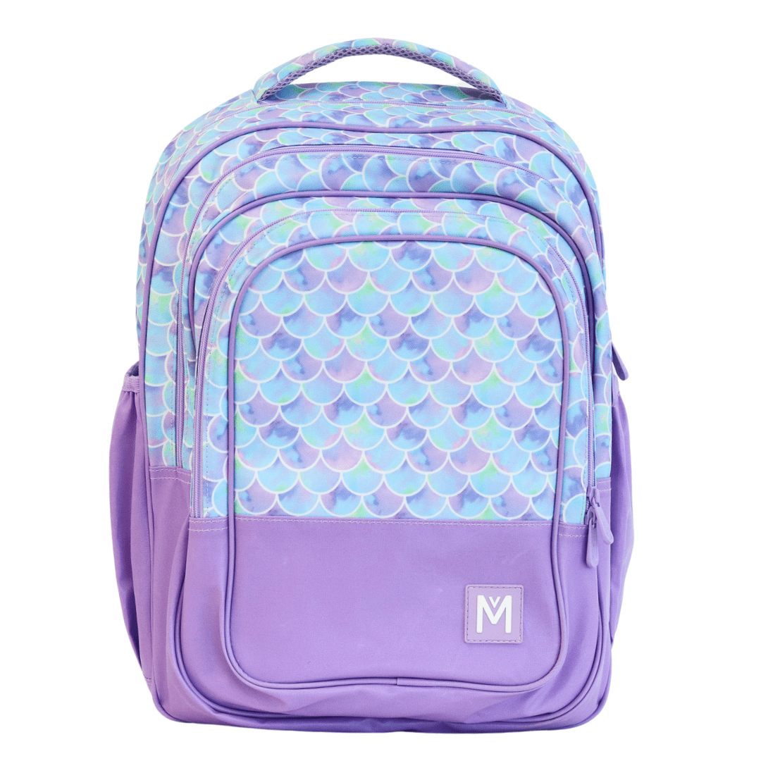 Montiico childrens purple backpack with a blue and purple toned mermaid scale print.