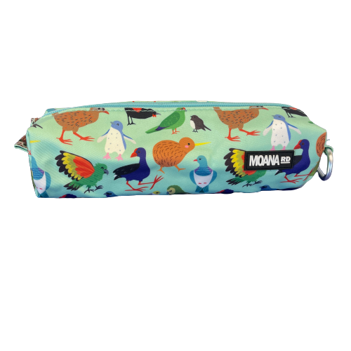 Minty green pencil case featuring pictures of colourful birds of New Zealand.