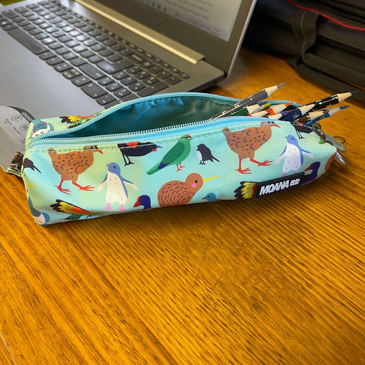 Minty green pencil case featuring pictures of colourful birds of New Zealand.