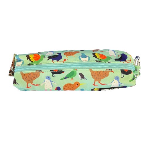 Minty green pencil case featuring pictures of colourful birds of New Zealand.