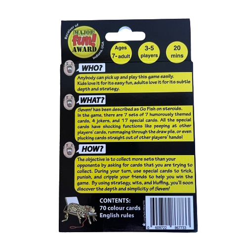 Back of the pack of card game Seven.