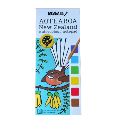 Aotearoa NZ watercolour colouring notepad. Tui and Kowhai are on the cover.