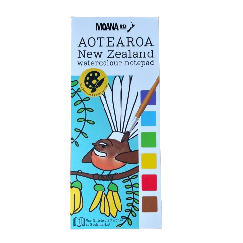 Aotearoa NZ watercolour colouring notepad. Tui and Kowhai are on the cover.