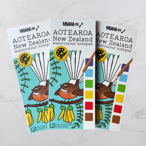 Aoteroa NZ watercolour colouring notepad. Tui and Kowhai are on the cover.