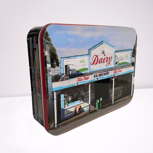 1000 piece puzzle featuring a picture of a New Zealand dairy store in a metal storage tin.