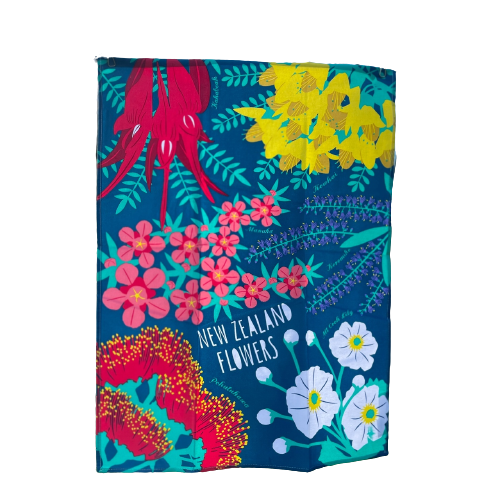 Dark teal blue tea towel with bright NZ flowers print.