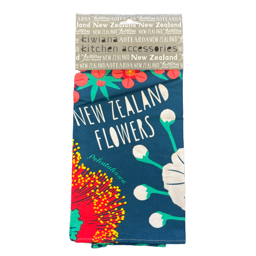 Dark teal blue tea towel with bright NZ flowers print