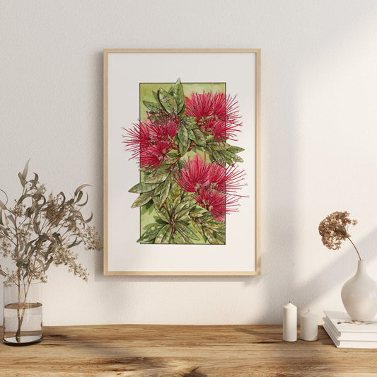 Watercolour art featuring the red pohutukawa flower and green foliage.