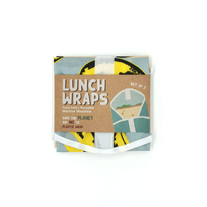 Lunch wraps in a pop art banana print packaged in a cardboard sleeve.