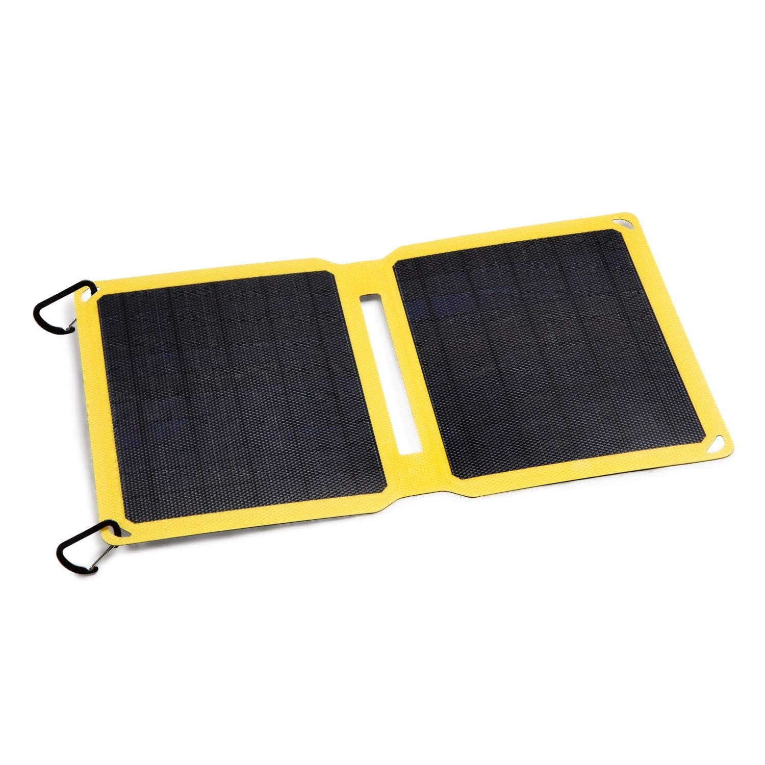 Powerboost portable solar panel with carabiners for attachment.
