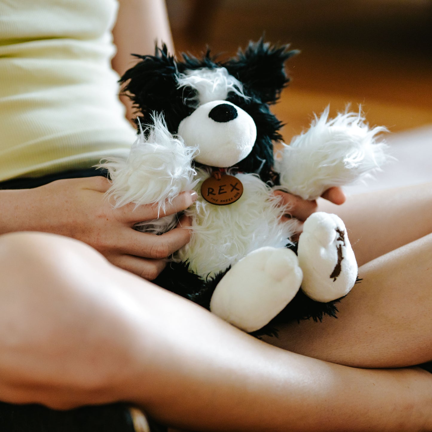 Child holding onto a black & white sheepdog soft toy in their lap. The toy dog has a brown leather name tag with REX on it.