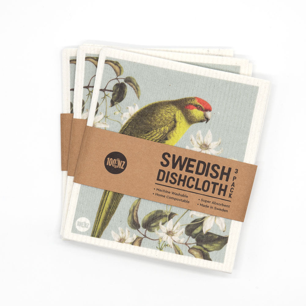 Set of 3 swedish dishcloths in New Zealand bird and botanical prints.