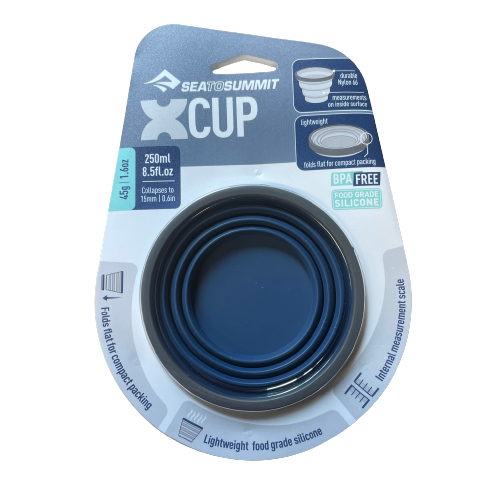Navy blue silicone collapsible X cup by Sea to Summit.