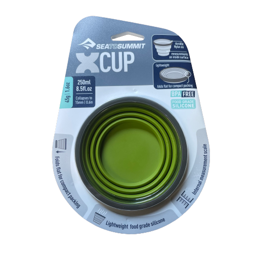 Olive green silicone collapsible X cup by Sea to Summit.
