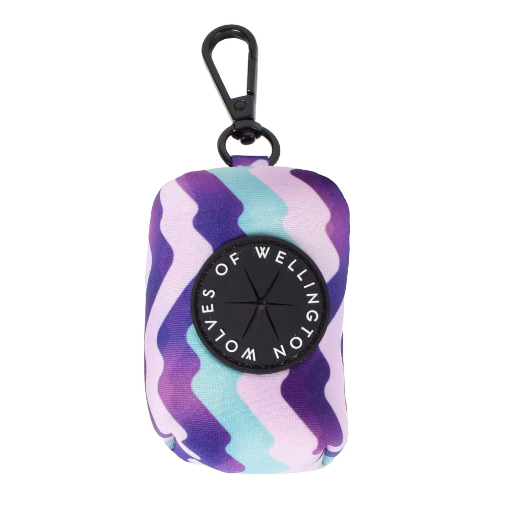 Neoprene dog poop bag pouch with white, purple and blue wave print.