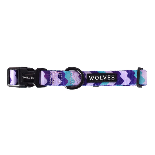 Purple & blue wave patterned dog collar with "Wolves" logo.