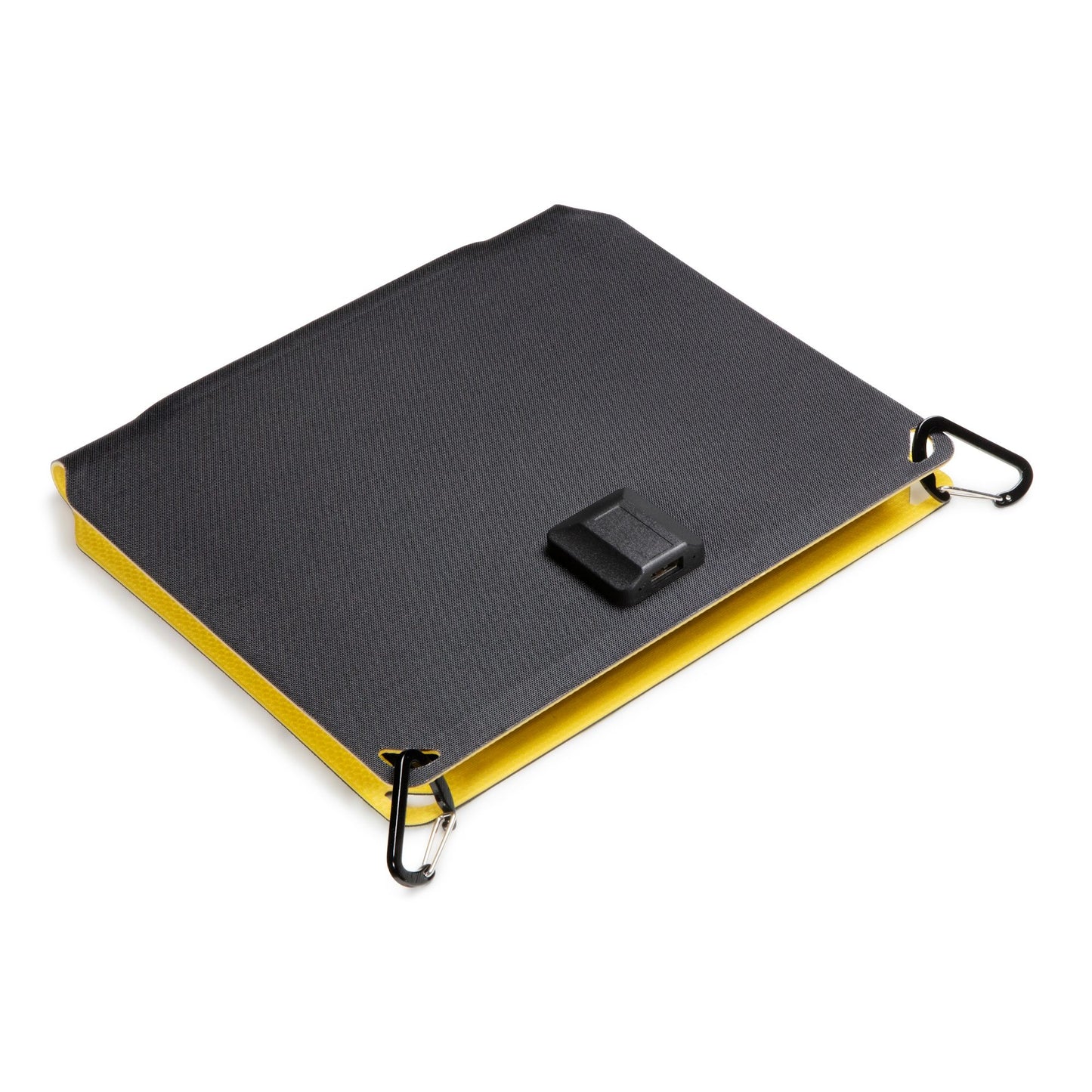 Powerboost portable solar panel folded for easy storage and with carabiners for attachment.