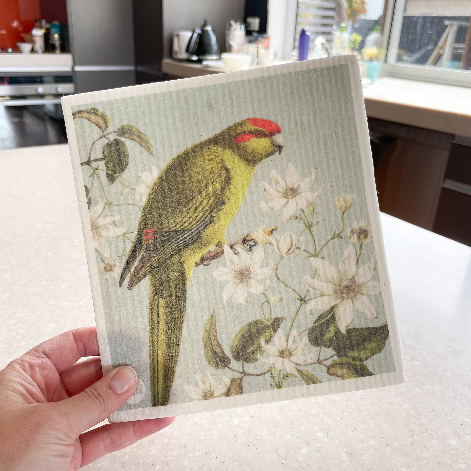 Hand holding a Swedish dishcloth with a kitchen in the background, The dishcloth has a picture of a Kakariki bird and Puawananga flowers.