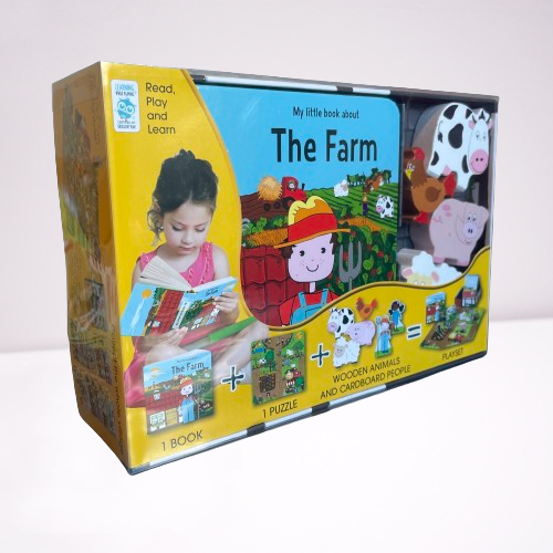 Childrens book, puzzle and wooden toy set about life on a farm.