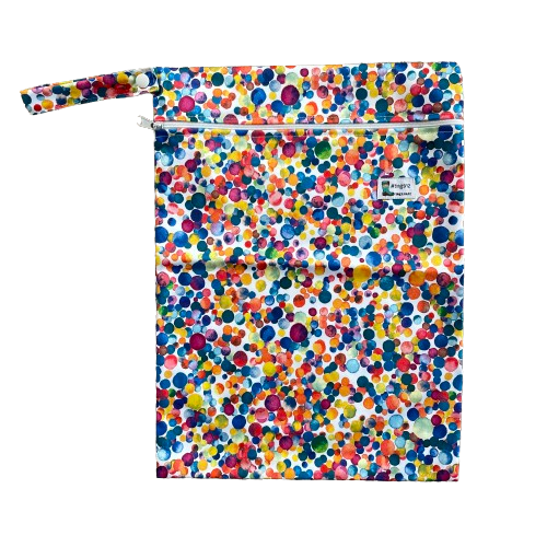 Wetbag in a multi coloured dot print.