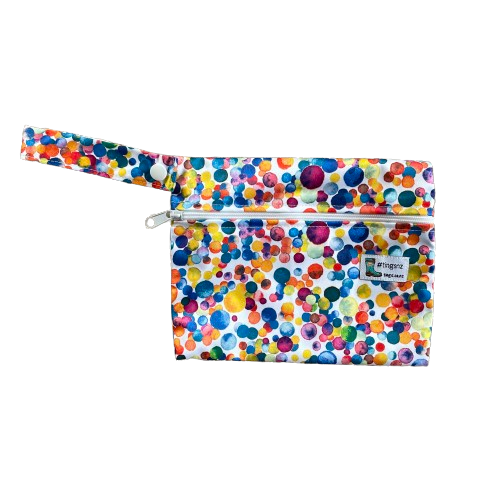 Small wetbag in a multicoloured dotty print.