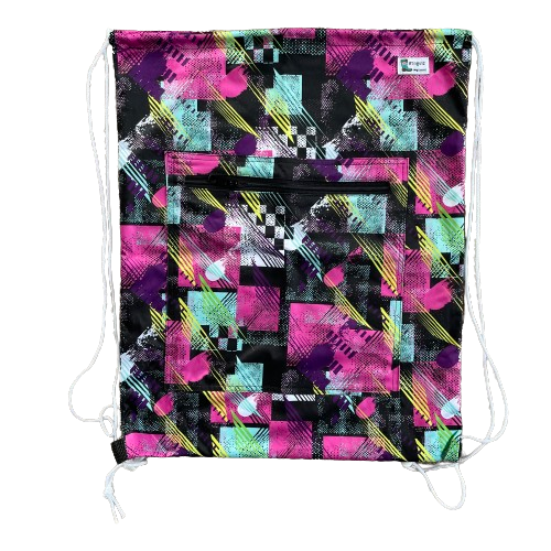 Drawstring backpack style wetbag with a zipped pocket on the front in a pink and black abstract pattern.